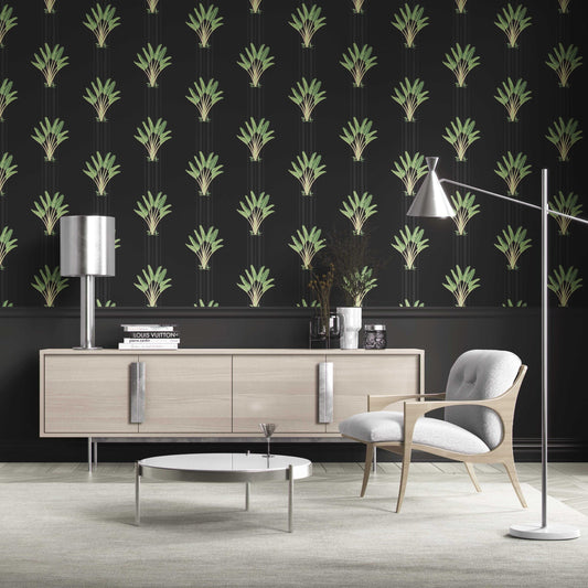 Botanical/ Floral Block Print Traditional Wallpaper (Black/ Green)