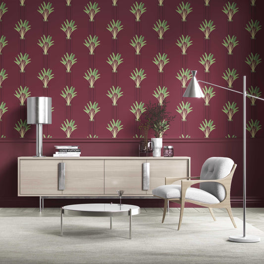 Botanical/ Floral Block Print Traditional Wallpaper Sample (Deep Red/ Green)