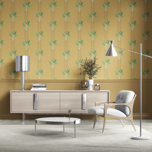 Botanical/ Floral Block Print Traditional Wallpaper (Yellow/ Green)