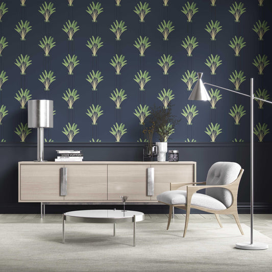 Botanical/ Floral Block Print Traditional Wallpaper Sample (Navy Blue/ Green)