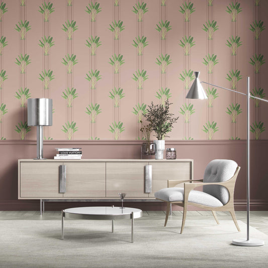 Botanical/ Floral Block Print Traditional Wallpaper (Pink/ Green)