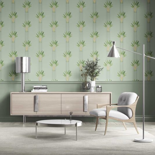 Botanical/ Floral Block Print Traditional Wallpaper Sample (Duck Egg Blue/ Green)