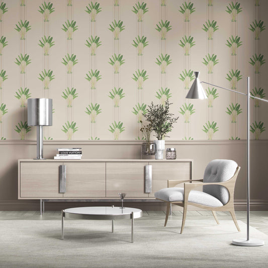 Botanical/ Floral Block Print Traditional Wallpaper Sample (Beige/ Cream/ Green)