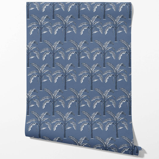 Floral/ Botanical Palm Trees Patterned Traditional Wallpaper Sample (Navy Blue/ Gray)