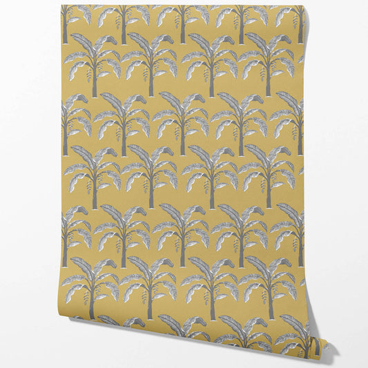 Floral/ Botanical Palm Trees Patterned Traditional Wallpaper Sample (Yellow/ Gray)