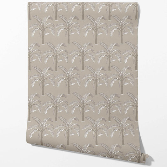 Floral/ Botanical Palm Trees Patterned Traditional Wallpaper (Greige/ Soft Taupe/ Gray)