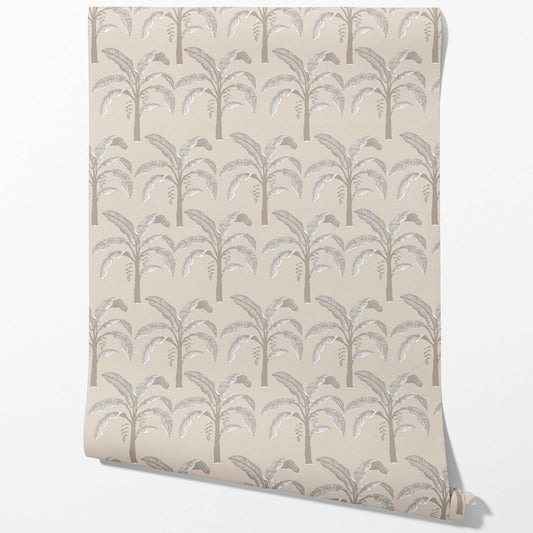 Floral/ Botanical Palm Trees Patterned Traditional Wallpaper Sample (Palm Beige/ Gray/ Soft Taupe)