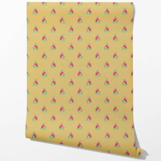 Vintage-Inspired Floral Block Print Traditional Wallpaper (Yellow/ Pink/ Green)