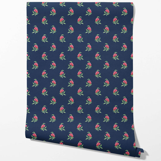 Vintage-Inspired Floral Block Print Traditional Wallpaper Sample (Navy Blue/ Pink/ Green)