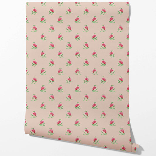 Vintage-Inspired Floral Block Print Traditional Wallpaper Sample (Pink/ Green)