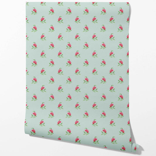 Vintage-Inspired Floral Block Print Traditional Wallpaper Sample (Blue/ Pink/ Green)