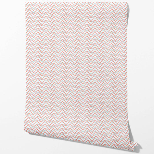 Geometric Zigzag/ Chevron Traditional Wallpaper Sample (Coral Pink/ Blue)