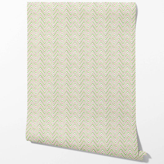 Geometric Zigzag/ Chevron Traditional Wallpaper Sample (Green/ Pink)
