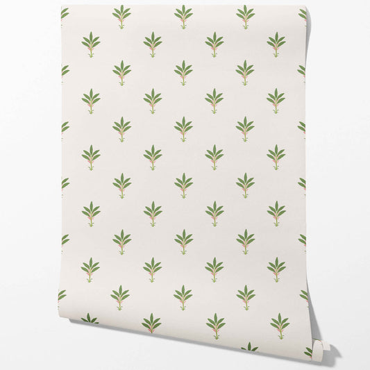 Vintage-Inspired Floral Block Print Traditional Wallpaper Sample (White/ Green/ Pink)