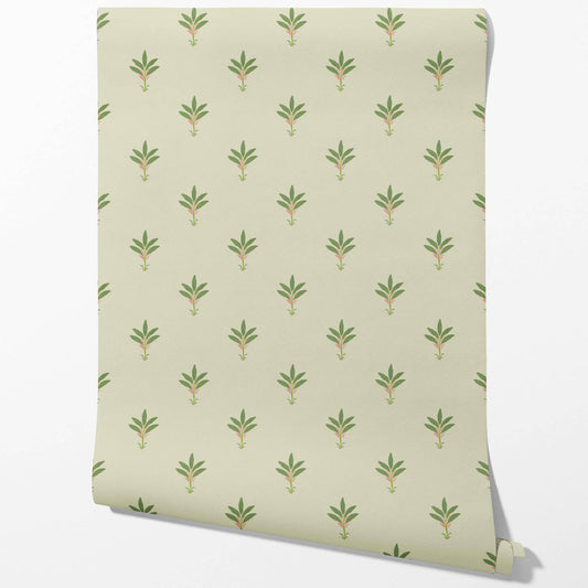 Vintage-Inspired Floral Block Print Traditional Wallpaper Sample (Olive Green)