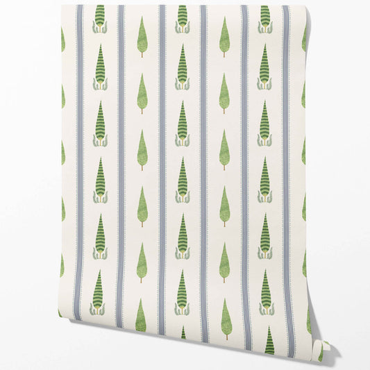 Modern Floral/ Botanical Leaf Print Traditional Wallpaper Sample (Green/ White/ Blue)