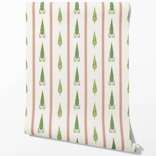 Modern Floral/ Botanical Leaf Print Traditional Wallpaper Sample (Red/ Green/ White)