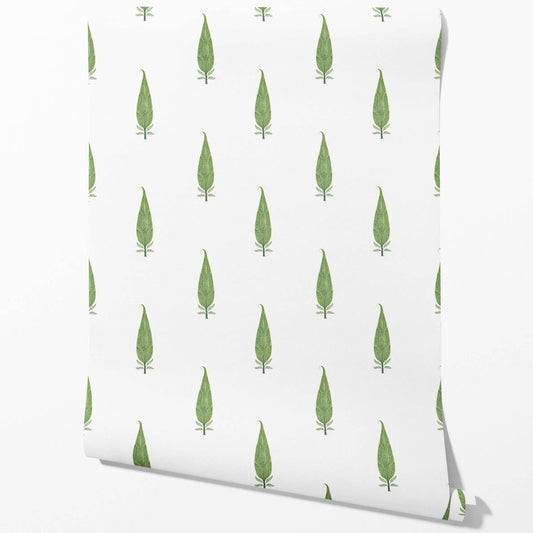 Modern Botanical Floral Block Print Traditional Wallpaper (Green/ White)
