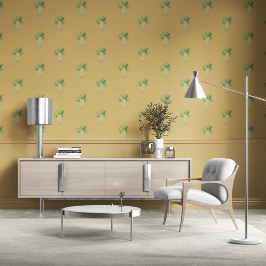 Botanical/ Floral Block Print Traditional Wallpaper Sample (Mustard Yellow/ Green)