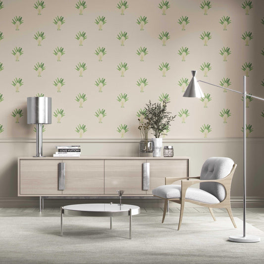 Botanical/ Floral Block Print Traditional Wallpaper Sample (Beige/ Greige/ Green)