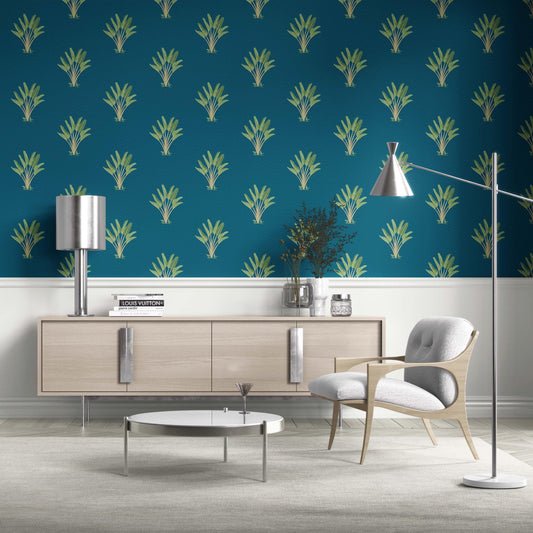 Botanical/ Floral Block Print Traditional Wallpaper Sample (Teal Blue/ Green)