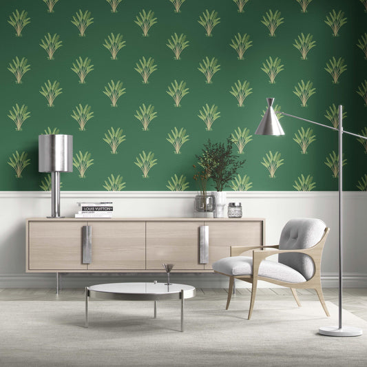 Botanical/ Floral Block Print Traditional Wallpaper (Green)