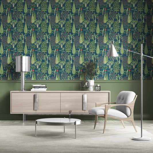 Tropical Floral/ Botanical Traditional Wallpaper Sample (Teal Blue/ Green/ Pink)