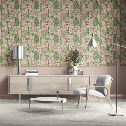 Tropical Floral/ Botanical Traditional Wallpaper Sample (Pink/ Green/ Red)