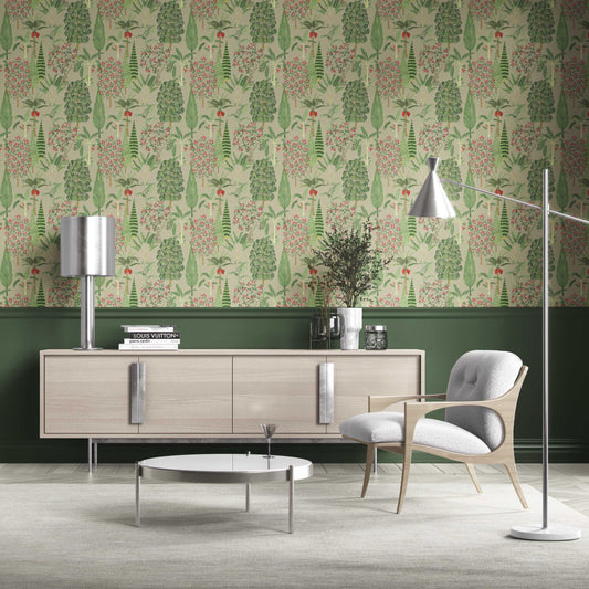 Tropical Floral/ Botanical Traditional Wallpaper Sample (Green/ Pink/ Red)