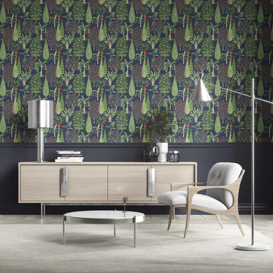 Tropical Floral/ Botanical Traditional Wallpaper Sample (Navy Blue/ Green/ Pink/ Red)