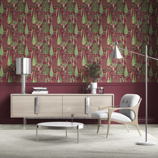 Tropical Floral/ Botanical Traditional Wallpaper Sample (Burgundy Red/ Green/ Pink)