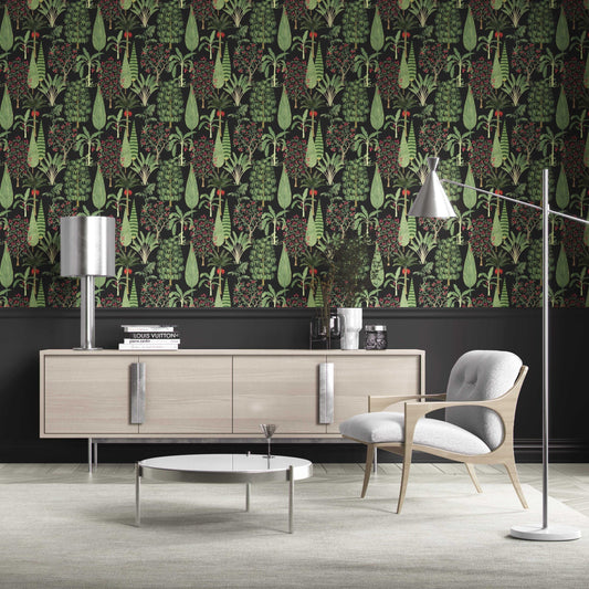 Tropical Floral/ Botanical Traditional Wallpaper Sample (Black/ Green/ Pink/ Red)