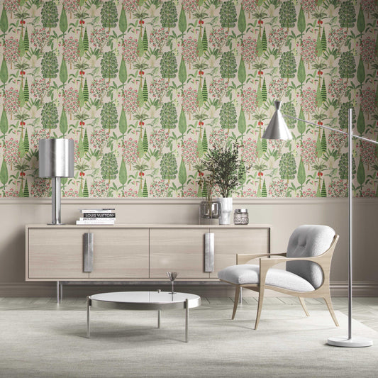 Tropical Floral/ Botanical Traditional Wallpaper Sample (Beige/ Green/ Pink/ Red)