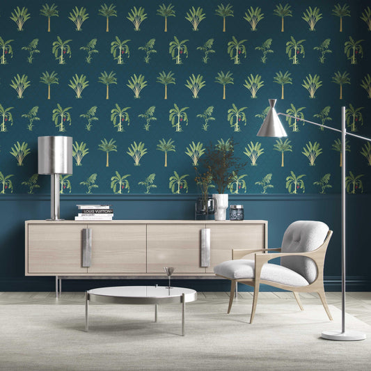 Botanical/ Floral Block Print Traditional Wallpaper Sample (Teal Blue/ Green/ Red)