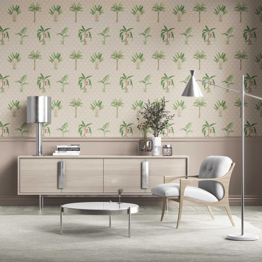 Botanical/ Floral Block Print Traditional Wallpaper Sample (Beige/ Green/ Red/ Soft Taupe)