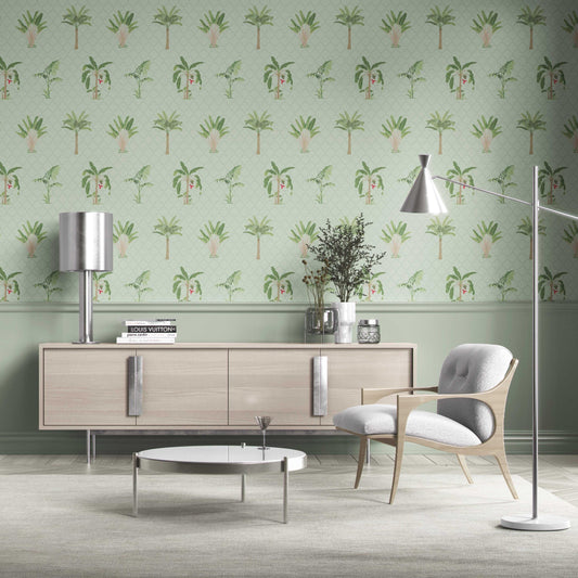 Botanical/ Floral Block Print Traditional Wallpaper Sample (Mint Green/ Red)