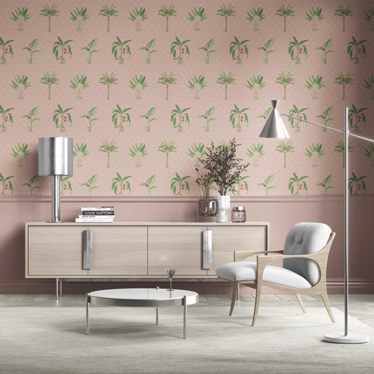 Botanical/ Floral Block Print Traditional Wallpaper Sample (Pink/ Green/ Red)