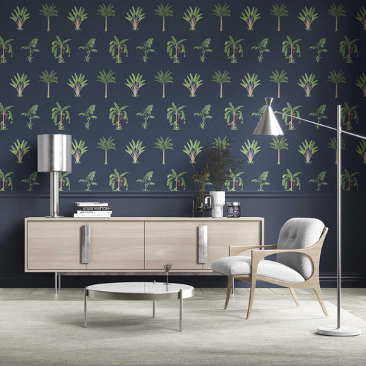 Botanical/ Floral Block Print Traditional Wallpaper Sample (Navy Blue/ Green/ Red)