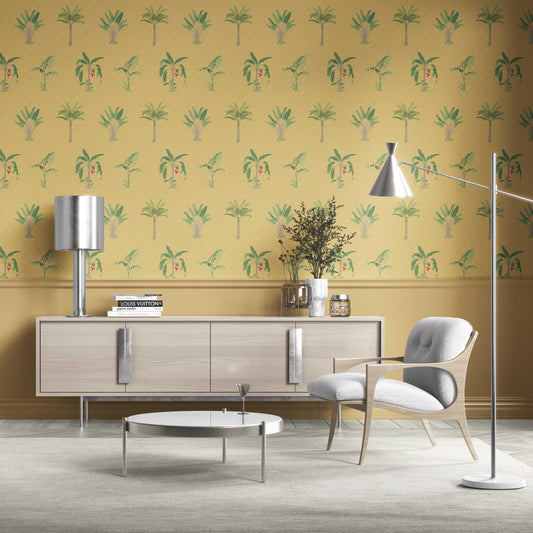 Botanical/ Floral Block Print Traditional Wallpaper (Yellow/ Green/ Red)