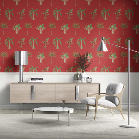 Botanical/ Floral Block Print Traditional Wallpaper Sample (Red-Orange/ Green)