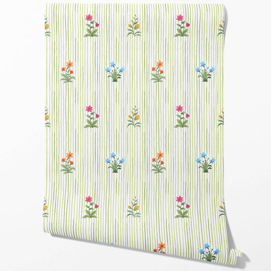 Floral Striped Block Print Traditional Wallpaper Sample (Green/ Pink/ Blue/ Yellow/ Orange)