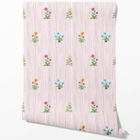 Floral Striped Block Print Traditional Wallpaper Sample (Pink/ Blue/ Green)