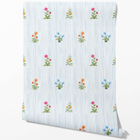 Floral Striped Block Print Traditional Wallpaper Sample (Blue/ Pink/ Green/ Orange )