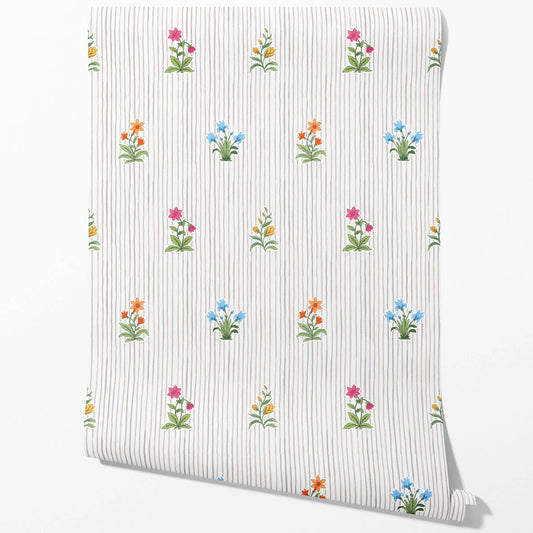 Floral Striped Block Print Traditional Wallpaper Sample (Gray/ Pink/ Green/ Blue)