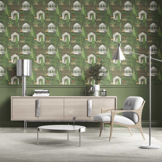 Vintage Heritage/ Ethnic Chinoiserie Traditional Wallpaper Sample (Green/ White/ Pink/ Beige/ Tan)