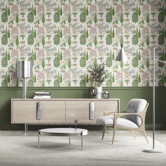 Vintage Heritage/ Ethnic Chinoiserie Traditional Wallpaper Sample (White/ Green/ Pink/ Tan)