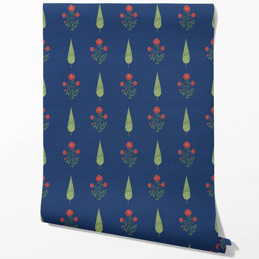 Botanical/ Floral Block Print Traditional Wallpaper Sample (Navy Blue/ Red/ Green)