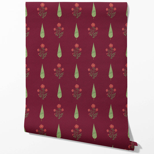 Botanical/ Floral Block Print Traditional Wallpaper Sample (Red/ Maroon/ Green)