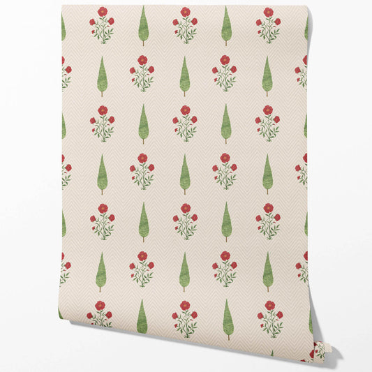 Botanical/ Floral Block Print Traditional Wallpaper Sample (Beige/ Red/ Green)