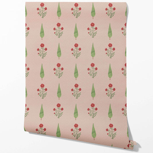 Botanical/ Floral Block Print Traditional Wallpaper Sample (Pink/ Red/ Green)